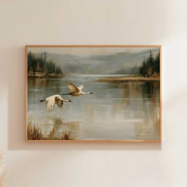 Misty Lake Landscape Poster, Pine Forest Paper Wall Art - image 1