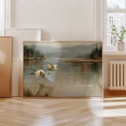 Misty Lake Landscape Poster, Pine Forest Paper Wall Art - thumbnail 4