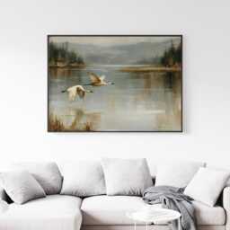 Misty Lake Landscape Poster, Pine Forest Paper Wall Art - thumbnail 3