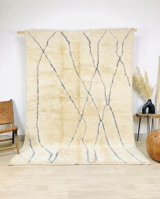 Beni Ourain Moroccan Rug Berber Shag Large Area - Minimalist Blue Line Art Wool Carpet Thin Criss Cross Tribal Floor - image 1