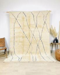 Beni Ourain Moroccan Rug Berber Shag Large Area - Minimalist Blue Line Art Wool Carpet Thin Criss Cross Tribal Floor - thumbnail 1