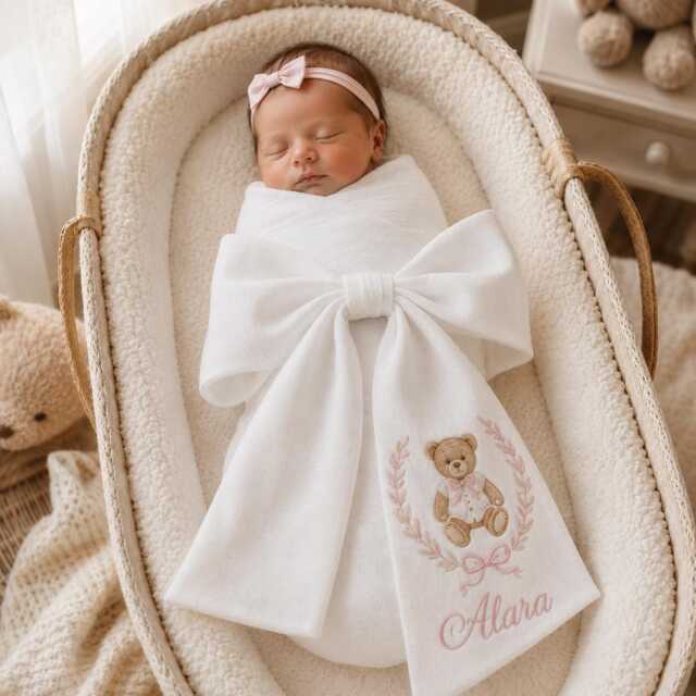 Custom Girl Bear Embroidered Newborn Bow Sash, Baby Monogram Coquette Swaddle, Sash For Picture, Shower Gift - image 1