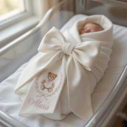 Custom Girl Bear Embroidered Newborn Bow Sash, Baby Monogram Coquette Swaddle, Sash For Picture, Shower Gift - thumbnail 2