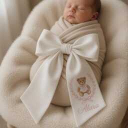 Custom Girl Bear Embroidered Newborn Bow Sash, Baby Monogram Coquette Swaddle, Sash For Picture, Shower Gift - thumbnail 3