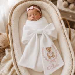 Custom Girl Bear Embroidered Newborn Bow Sash, Baby Monogram Coquette Swaddle, Sash For Picture, Shower Gift - thumbnail 1