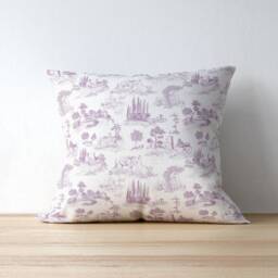 Lilac Toile De Jouy Pillow Cover - Soft Faux Suede Fabric Pretty Vintage French Art Purple & White Decorative Cushion - thumbnail 2