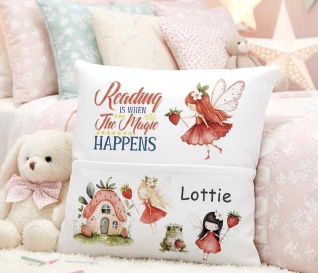Personalised Strawberry Fairy Pocket Cushion Magical Surprise Book Pillow For Kids - image 1