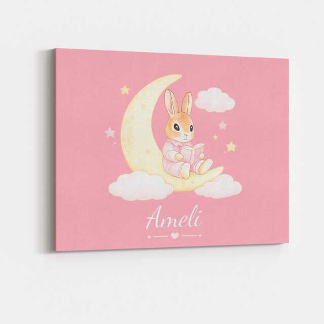 Personalised Pink Bunny Canvas Wall Art Custom Name Colour Cute Cuddly Rabbit Teddy Bear Nursery Baby Shower Bedroom Keepsake Decor Gift UK - image 1