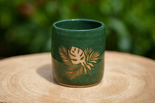 Green Tropical Planter. Ceramic Monstera Straight Vase For in Handmade Pottery. Planter Green Plants - image 1