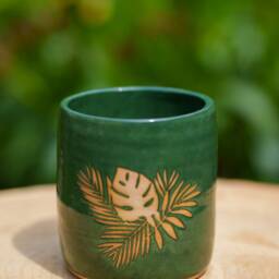 Green Tropical Planter. Ceramic Monstera Straight Vase For in Handmade Pottery. Planter Green Plants - thumbnail 3