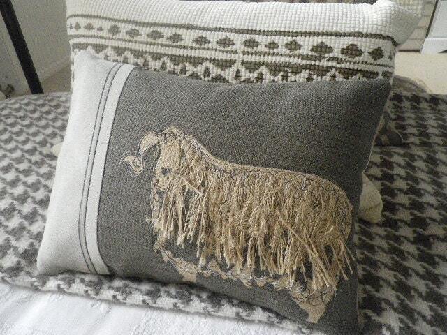 Hand Printed Exclusive Applique Curly Coated Sheep Cushion Cover - image 1