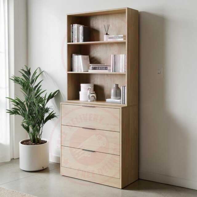3 Drawer Wooden Storage Cabinet, Tall Bookcase Shelf, Display Organizer For Living Room - image 1