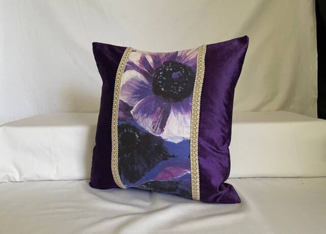 "Purple Velvet Pillow Cover Jane Hall Floral Linen, 16""x16" - image 1