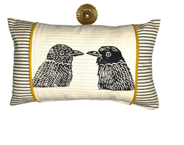 Ticking Stripe Kidney Pillow Bird Block Print, Cord Trim Accent