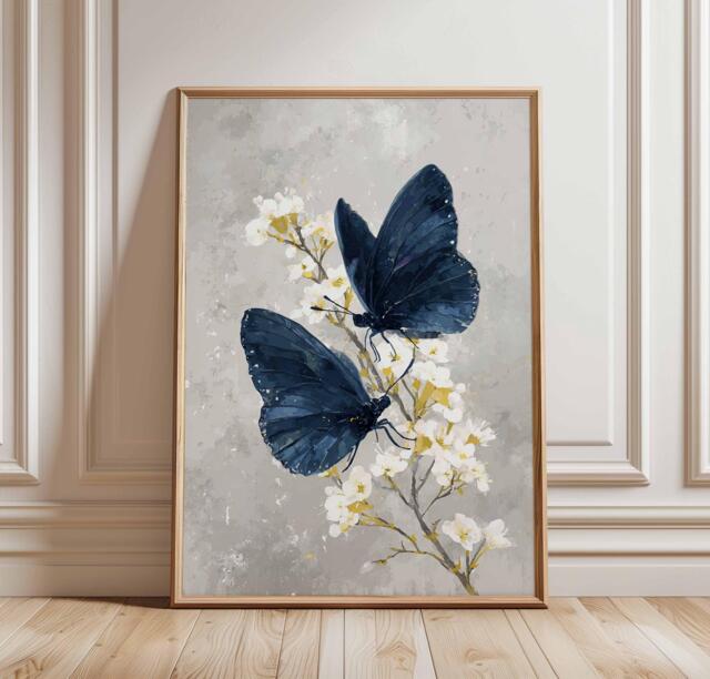 Blue Butterfly Poster Print, Elegant Floral Insect Wall Art, Modern Botanical Decor, Nature-Inspired Artwork, Minimalist Print - image 1
