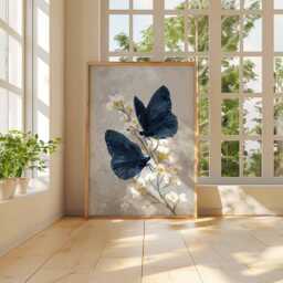Blue Butterfly Poster Print, Elegant Floral Insect Wall Art, Modern Botanical Decor, Nature-Inspired Artwork, Minimalist Print - thumbnail 2