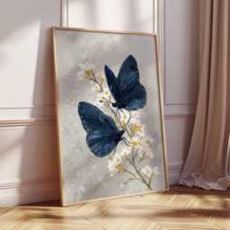 Blue Butterfly Poster Print, Elegant Floral Insect Wall Art, Modern Botanical Decor, Nature-Inspired Artwork, Minimalist Print - thumbnail 3