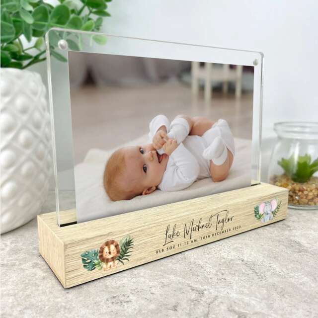 Personalised Baby Photo Frame - Jungle Animals Wooden Base, 6x4 - image 1