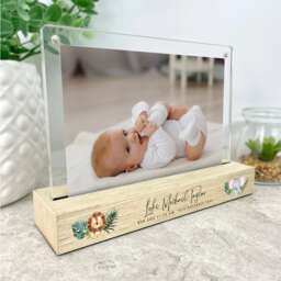 Personalised Baby Photo Frame - Jungle Animals Wooden Base, 6x4 - thumbnail 1