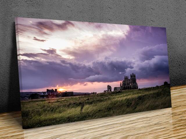 Evening Light Whitby Abbey Panoramic , United Kingdom , Home D??cor, Mounted Canvas Wall Art Print - image 1