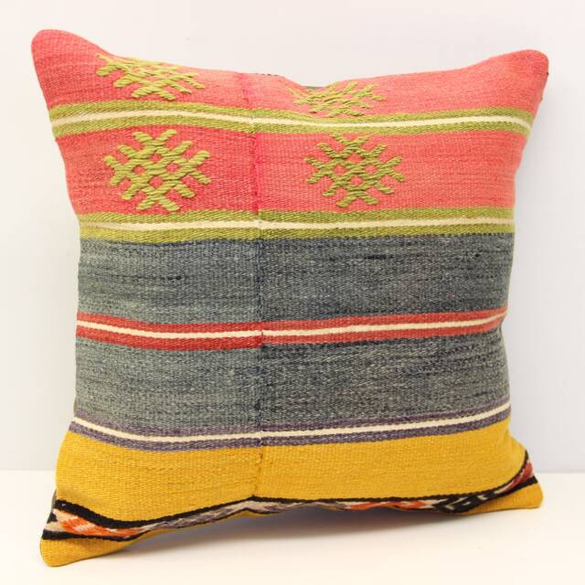 Handmade Turkish Kilim Pillow Cover, Boho Home Decor - 16x16 Inch - image 1