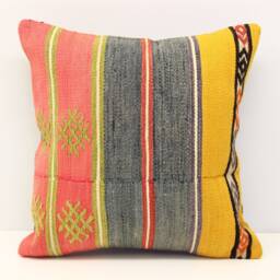 Handmade Turkish Kilim Pillow Cover, Boho Home Decor - 16x16 Inch - thumbnail 2