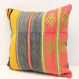 Handmade Turkish Kilim Pillow Cover, Boho Home Decor - 16x16 Inch - thumbnail 3