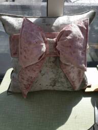 Crushed Velvet Cushion With Bow, Diamante Center, 45cm - thumbnail 1