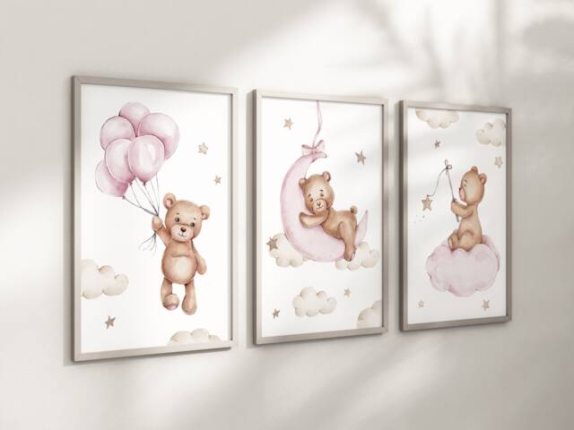 Baby Nursery Teddy Bear Prints - A4 Or A3 Size Stars Cloud Moon Boy Girl Wall Art Gender Unisex Neutral Beige Natural Boho Balloon - image 1