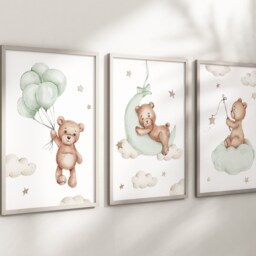 Baby Nursery Teddy Bear Prints - A4 Or A3 Size Stars Cloud Moon Boy Girl Wall Art Gender Unisex Neutral Beige Natural Boho Balloon - thumbnail 3