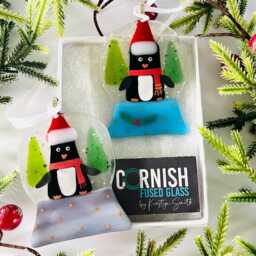 Fused Glass Penguin Christmas Tree Decoration - Decoration, Cornish Glass, Fused Glass Cornwall - thumbnail 1