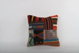 Vintage Turkish Kilim Pillow Cover Handwoven Wool Throw Cushion - 16x16 - thumbnail 1