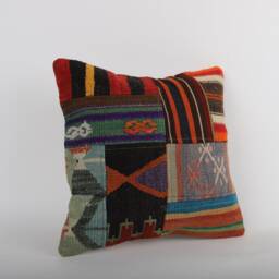 Vintage Turkish Kilim Pillow Cover Handwoven Wool Throw Cushion - 16x16 - thumbnail 2