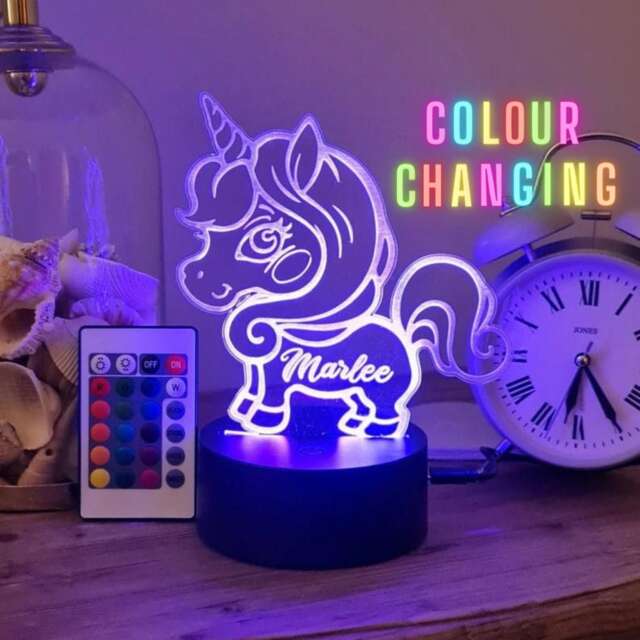 Unicorn Bedside Table Lamp, 3-Color Dimmable LED Night Light For Girls, Rainbow Design, USB Powered, 9.65"H X 3.94"W