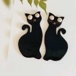 Ceramic Cat Wall Hanging Set, Iridescent Eyes, Halloween Decor - thumbnail 2