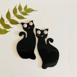 Ceramic Cat Wall Hanging Set, Iridescent Eyes, Halloween Decor - thumbnail 3