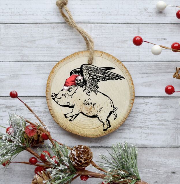 Flying Pig Christmas Ornament - Rustic Natural Wood Slice 2018 Gift Idea Stocking Stuffer - image 1