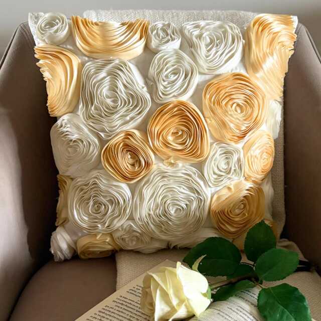 "Art Silk Ribbon Embroidered Ivory & Gold Rose Decorative Pillow Sham 24""x24""/26""x26" - image 1