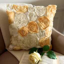 "Art Silk Ribbon Embroidered Ivory & Gold Rose Decorative Pillow Sham 24""x24""/26""x26" - thumbnail 3