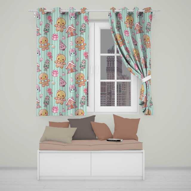 Cute Gingerbread Girl Candy House Sweet Mint Stripe Background Seamless Pattern Readymade Eyelet Ring Top Thermal 100% Blackout Curtains - image 1