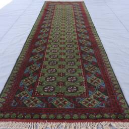10 Ft Green Runner Rug Turkmen Mowri Design Afghan Bukhara Rug, Handmade Wool Tribal Oriental For Hallway Runner, Kitchen - thumbnail 2
