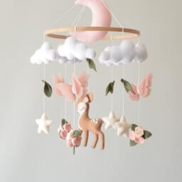 Deer Baby Mobile Girl, Butterflies Baby Mobile, Flowers, Shower Gift - thumbnail 3