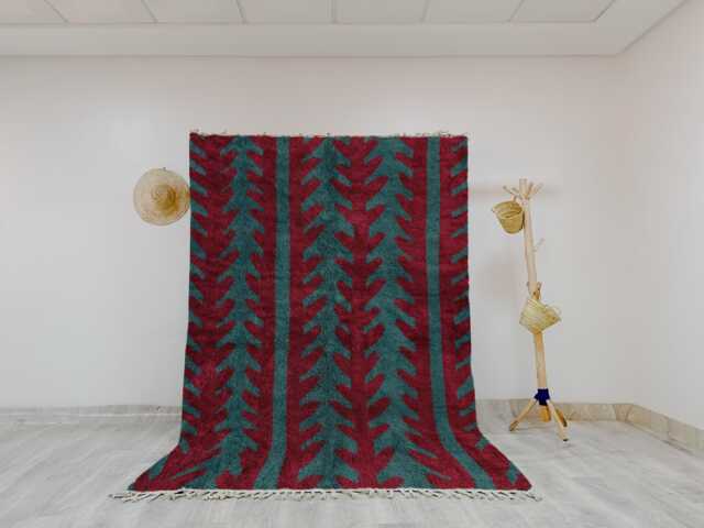 Geometric Moroccan Rug - Berry Red & Teal Tree Pattern Bold Handmade Wool Shag Area Rug, Beni Ourain Inspired Carpet, Statement Berber - image 1