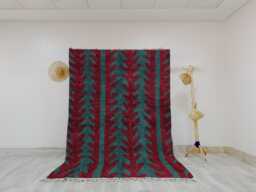 Geometric Moroccan Rug - Berry Red & Teal Tree Pattern Bold Handmade Wool Shag Area Rug, Beni Ourain Inspired Carpet, Statement Berber