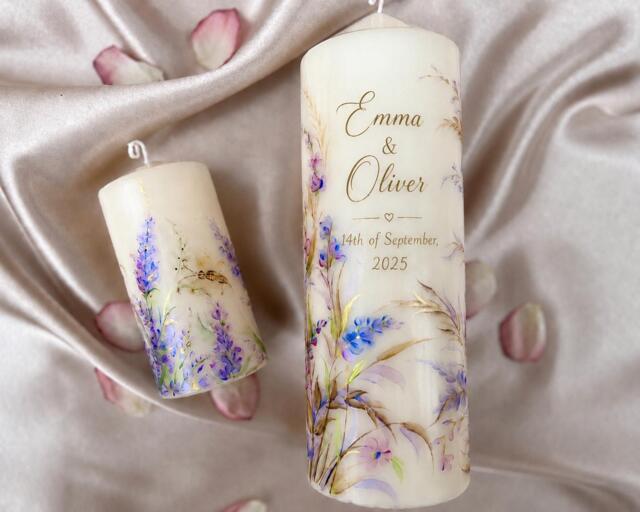 Hand Painted Lavender Pillar Candles, Floral Wedding Candle, Housewarming Gift, Rustic Dinner Large Anniversary Gift - image 1