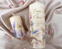 Hand Painted Lavender Pillar Candles, Floral Wedding Candle, Housewarming Gift, Rustic Dinner Large Anniversary Gift - thumbnail 1