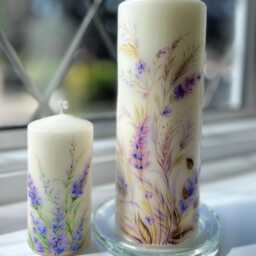 Hand Painted Lavender Pillar Candles, Floral Wedding Candle, Housewarming Gift, Rustic Dinner Large Anniversary Gift - thumbnail 2
