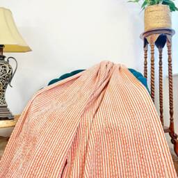 Kantha Stitch Pure Cotton Reversible Bed/Sofa Throw King Size - Geometric Hand-Print Dohar Artisanal Indian Blankets Orange White Stripes - thumbnail 2