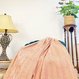 Kantha Stitch Pure Cotton Reversible Bed/Sofa Throw King Size - Geometric Hand-Print Dohar Artisanal Indian Blankets Orange White Stripes - thumbnail 4