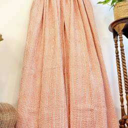 Kantha Stitch Pure Cotton Reversible Bed/Sofa Throw King Size - Geometric Hand-Print Dohar Artisanal Indian Blankets Orange White Stripes - thumbnail 3